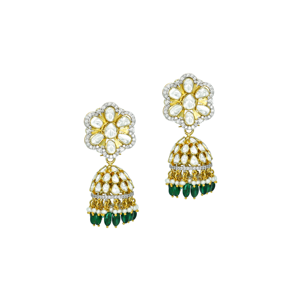 Floral Polki Jhumkis with Emerald Beads and Pearl Drops